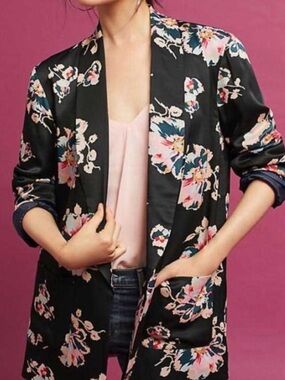 Anthropologie Black Floral Open Satin-Blend Blazer with Pink & Blue Accents